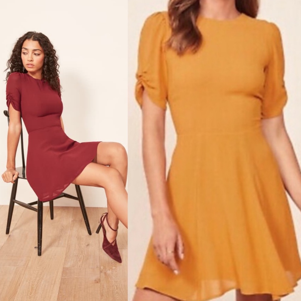 Reformation Gracie Ruched Sleeve Dress In mustard